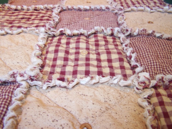 Homespun Table Runner, Red Country Primitive Rag Quilt Style, Button Adorned - Handmade in NJ -