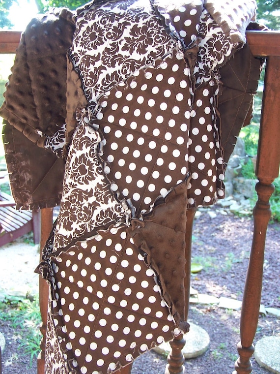 Damask Rag Quilt Brown Throw Size Minky - Handmade in NJ -