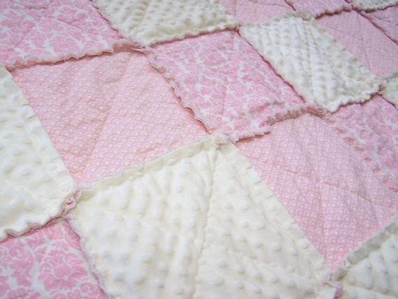 Pink Damask Crib Size Rag Quilt with Minky, Handmade in NJ