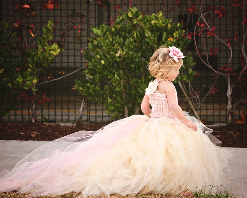 Reserved for Amanda Brown--Lace Tulle Flower Girl Dress -Formal Wear Train--Pink Champagne--Perfect for Weddings, Pageants and Portraits