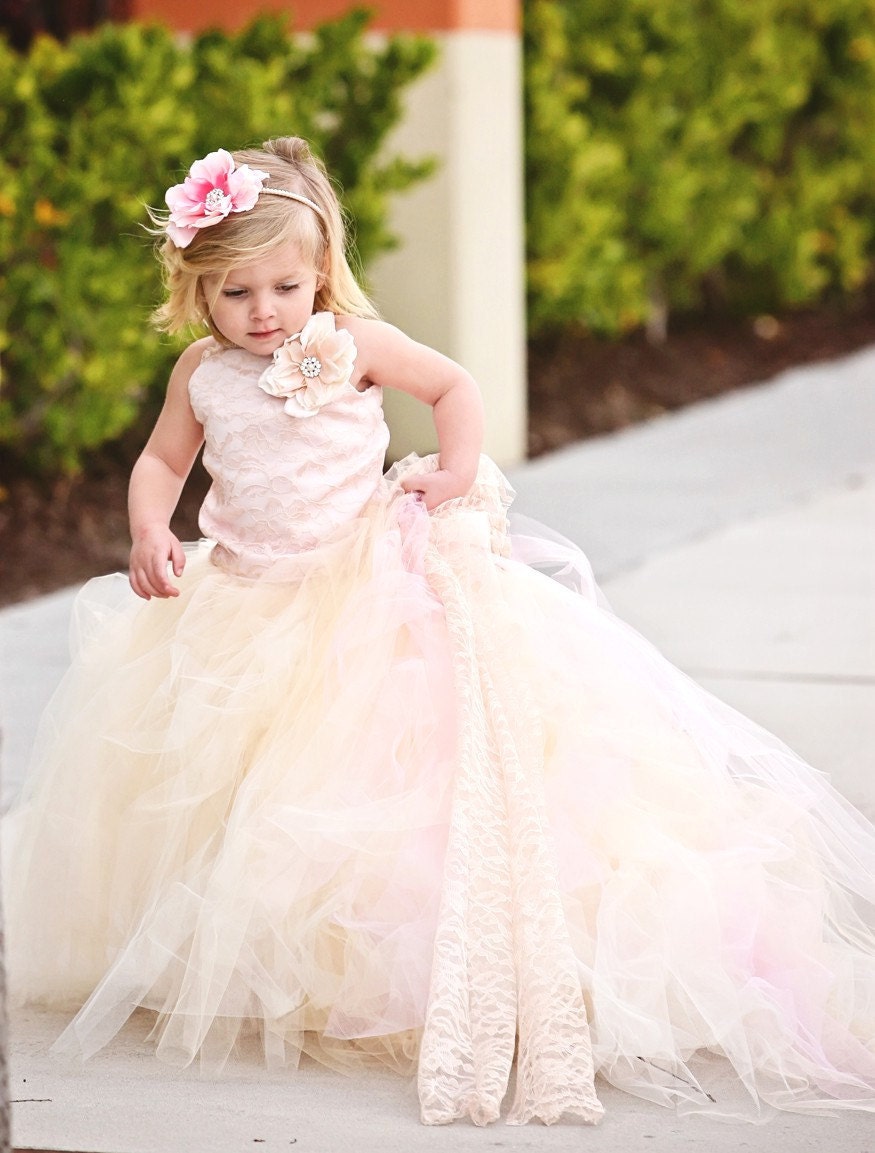 Reserved for Kaley Turner--Lace Flower Girl Dress w Tutu and Detachable Train--Pink Champagne--Perfect for Weddings, Pageants and Portraits