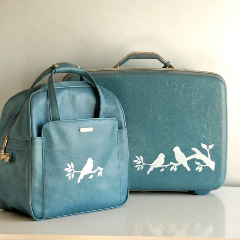 Upcycled Vintage Samsonite Suitcase and carry on -- hand painted birds on branch -- Light Blue