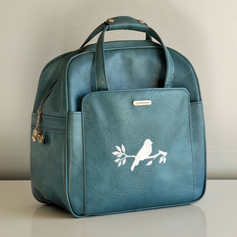 Upcycled Vintage Samsonite Suitcase and carry on -- hand painted birds on branch -- Light Blue