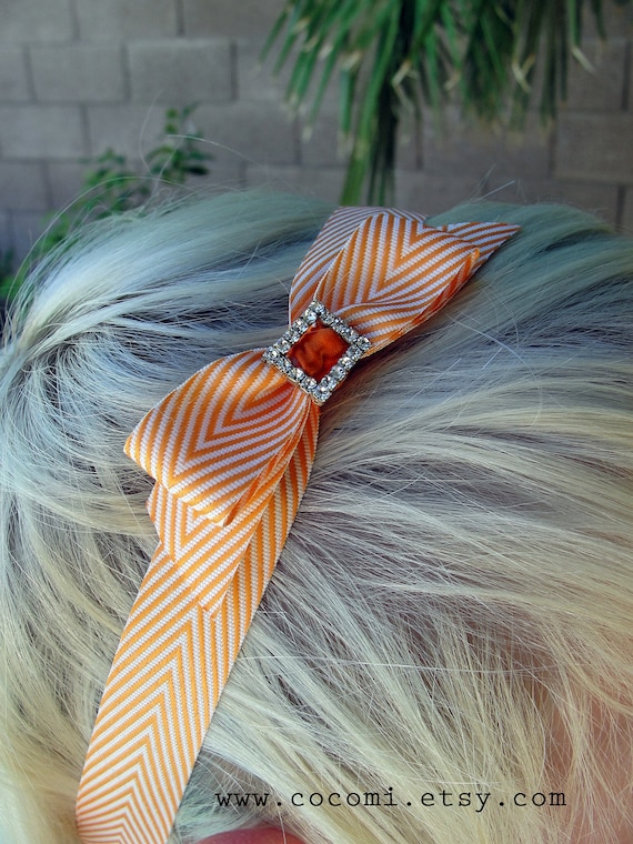 Headband, Chevron Orange and White Bow