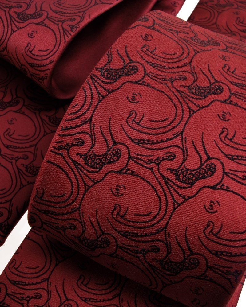 Geek Octopus Tie - Black Octopuses on Burgundy