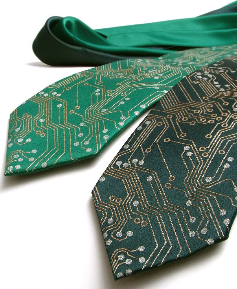 Circuit Board Necktie - Metallic Copper and Silver Ink on Green or Black Tie