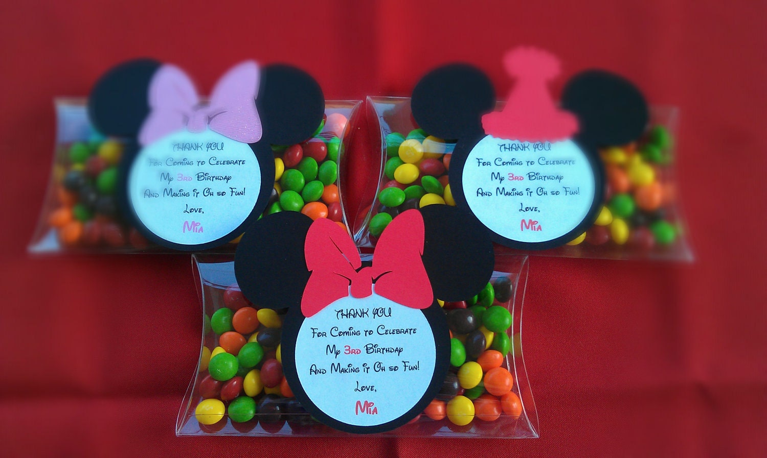 Mickey Mouse or Minnie Mouse Clear pillow boxes for Birthday or any themed party