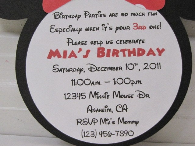 Handmade Minnie Mouse Invitations QTY 20