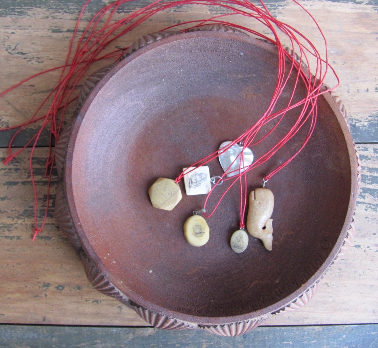vintage c. 1950s scrimshaw pendant on red waxed linen thread // clipper ship