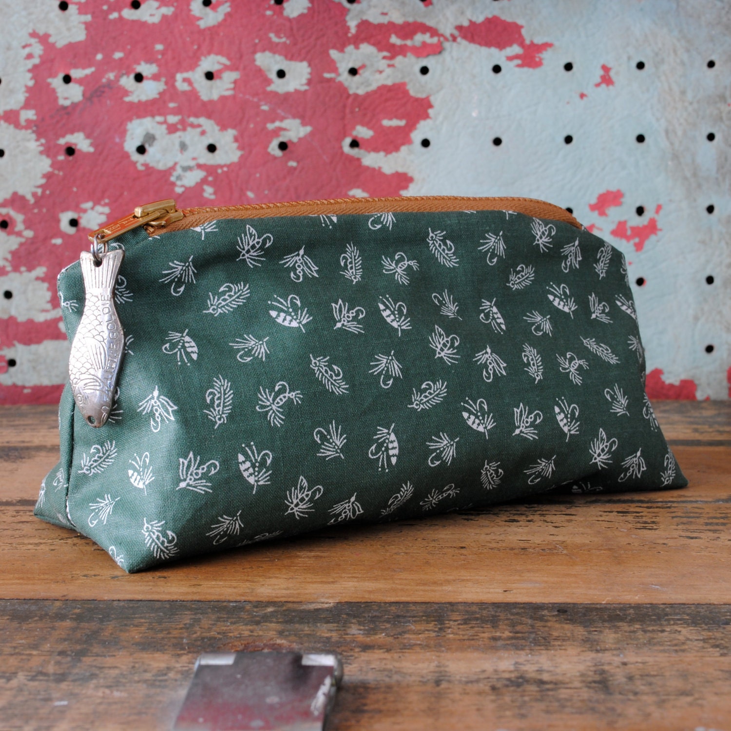 Nautical Zip Pouch w/ Vintage Fishing Lure Zipper Pull / Vintage Printed Cotton Fabric with Fishing Lures