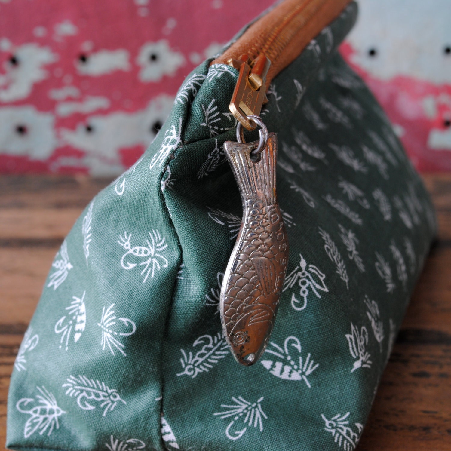 Nautical Zip Pouch w/ Vintage Fishing Lure Zipper Pull / Vintage Printed Cotton Fabric with Fishing Lures