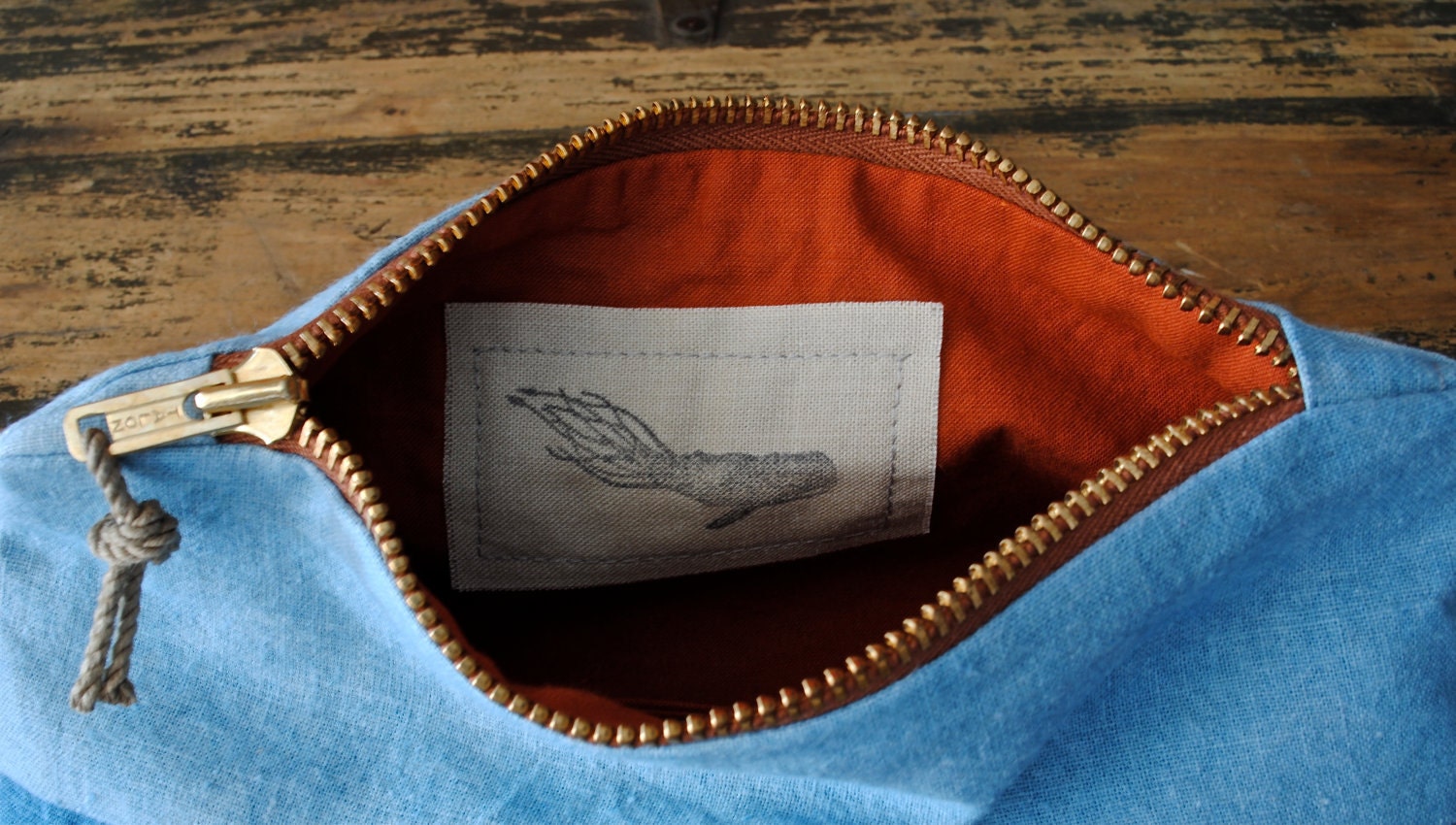 Sea and Sky Zip Purse w/ Distressed Rope Zipper Pull / Hand-dyed Natural Indigo Organic Cotton