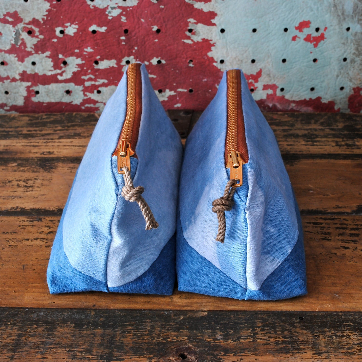 Sea and Sky Zip Purse w/ Distressed Rope Zipper Pull / Hand-dyed Natural Indigo Organic Cotton