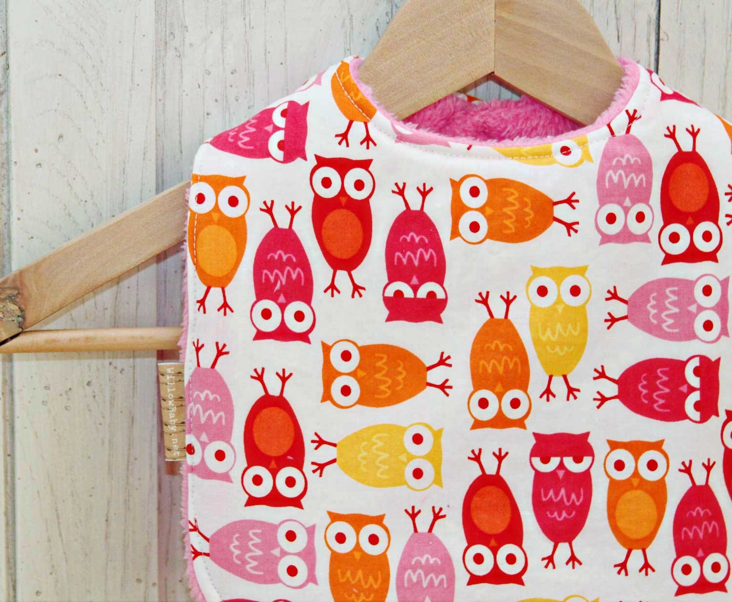 Baby Bib - Owls, Large Bib, Pink, Yellow, Orange, Baby Girl Gift Handmade by Willow Handmade