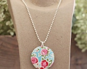 Pink Roses Fabric Button Pendant Necklace