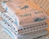 Personalized Burp Cloths - Baby Boy Aqua and Gray Whales