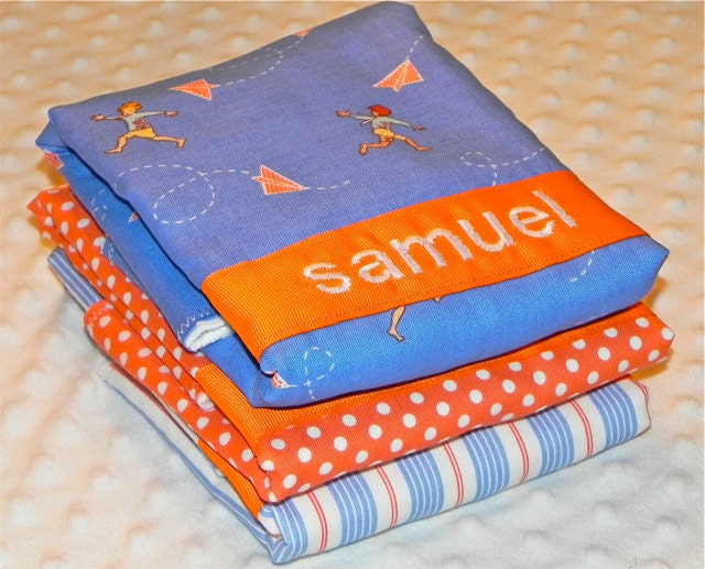 Personalized Burp Cloths - Baby Boy Blue and Orange "Children at Play" Paper Plane Dots and Stripes
