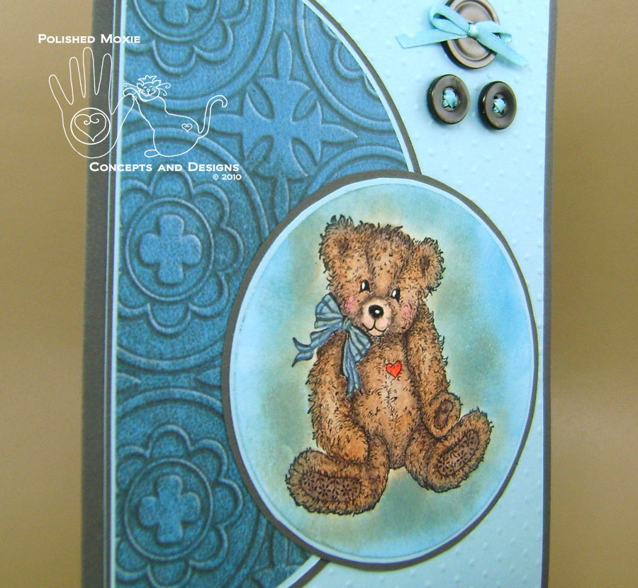 I Love You Teddy Bear Card - Textured - Grey and Turquoise / Teal / Green - Coordinating Envelope - Handmade