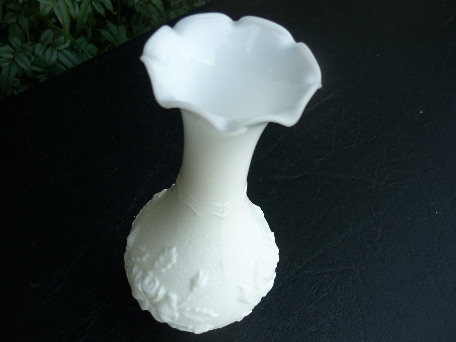 Vintage Imperial Glass Embossed Floral Design MilkGlass Bud Vase