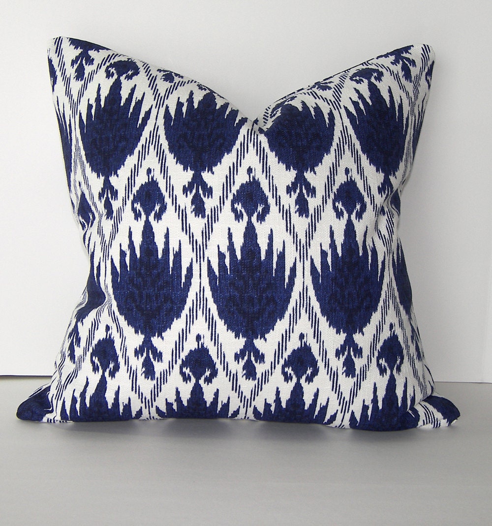 Decorative Designer Ikat Pillow Cover - 18x18 or 20x20 inch  -  Deep Blue and Off White