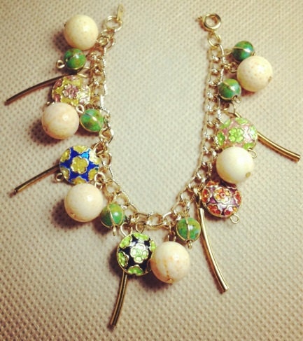 Charm Bracelet with Peach & Green beads and flat round enamel beads: handmade jewelry