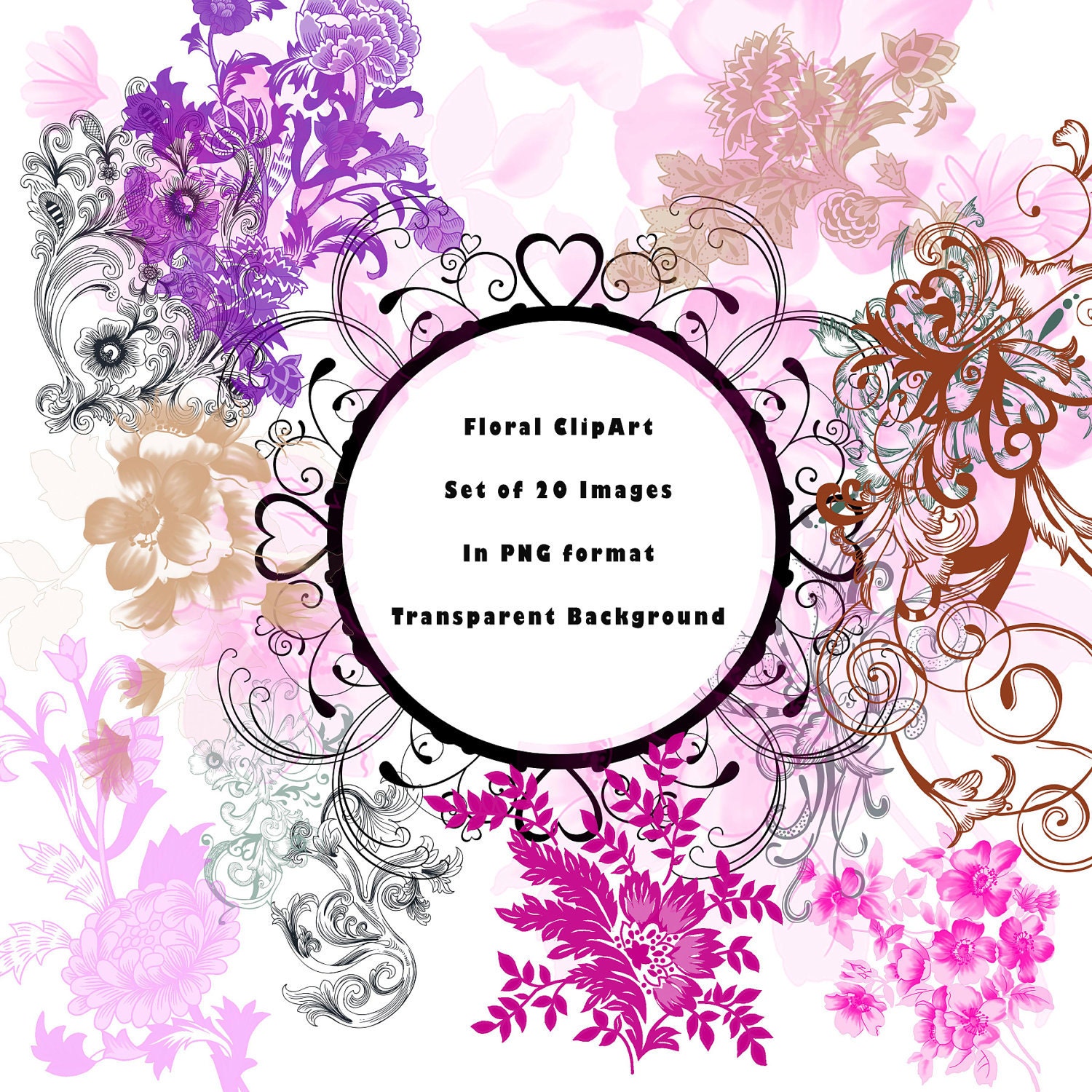 Floral Clip Art Vintage Wedding Floral Elements Digital Scrapbooking flowers Instant Download Wedding frame Pink Purple Flowers Images L701 Il_570xn