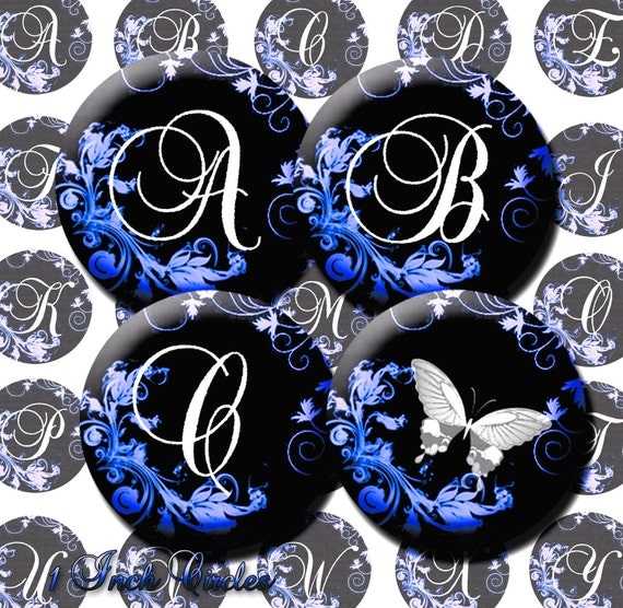 Digital Collage Sheet Blue Monogram Alphabet BottleCap Circle Images monogram Il_570xn
