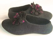 Felted slippers Black with Pink Violet Pom Poms Flower. In case of Cold Feet. Custom made  WOMENS