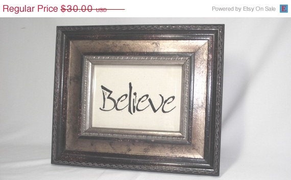 ON SALE Stenciled Picture in Frame Believe on Natural Linen