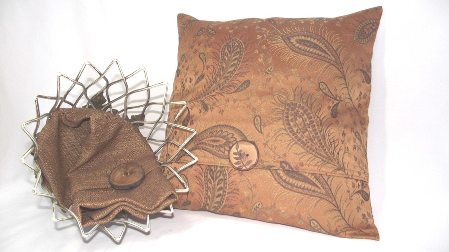 Pillow Cover 18x18 Paisley Print in Copper, Chocolate, Tan Fabric with Wood Button