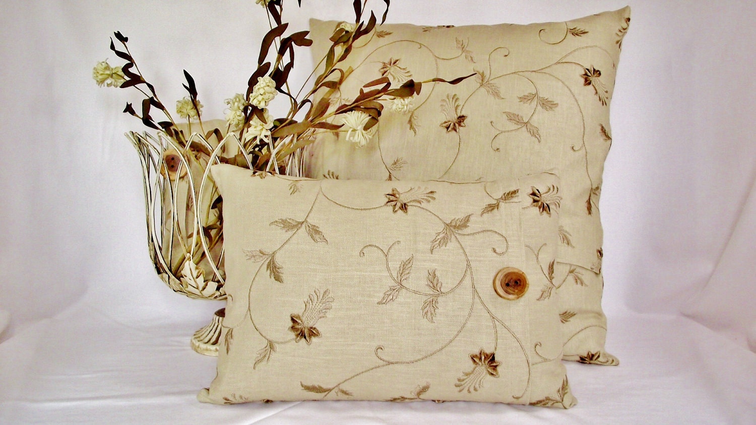 Pillow Cover 12x16 Flax Colored Linen Fabric with Embroidery Wood Button Accent