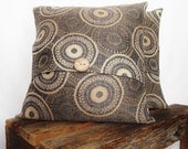 Suzani Print 18x18 Pillow Cover Dandelion Galexy Denim Blue, Chestnut Brown. Taupe, Wood Button.