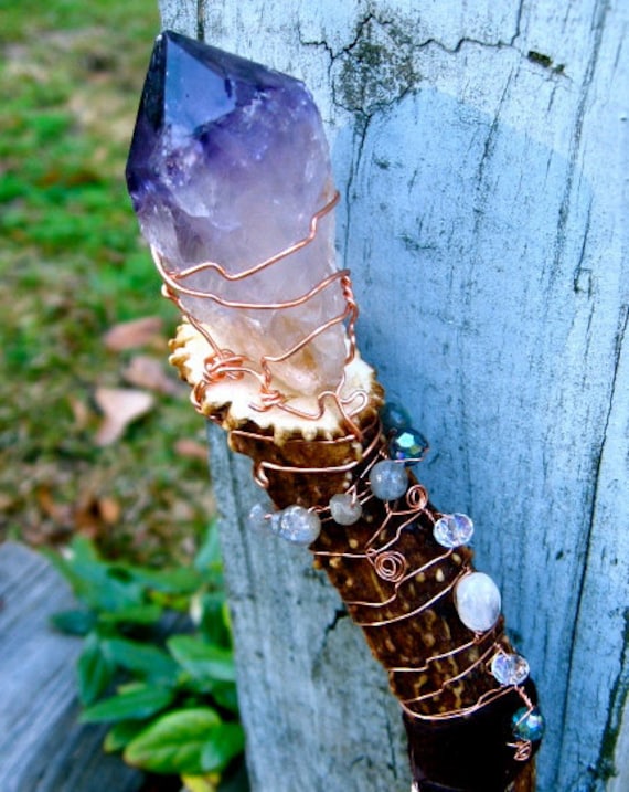 Artemis Antler Wand- Amethyst, moonstone and labradorite