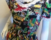 sweeping 1950s Mexican print dancing dress S