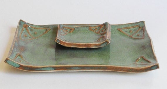 Lucky7Sale Handbuilt Handmade Ceramic Pottery Sushi Dish Tray Set Tapas Appetizer Plate Stoneware Signed Sage Green
