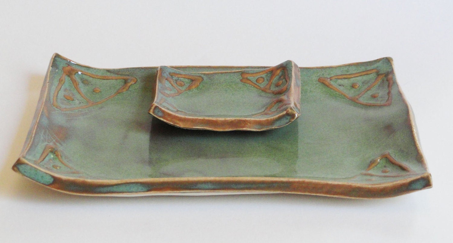 Lucky7Sale Handbuilt Handmade Ceramic Pottery Sushi Dish Tray Set Tapas Appetizer Plate Stoneware Signed Sage Green