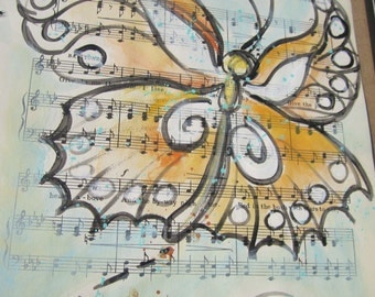 Butterfly... recycled book art original painting on Antique 1930s sheet music book page titled "The Vagabond", by Cat Seyler designs