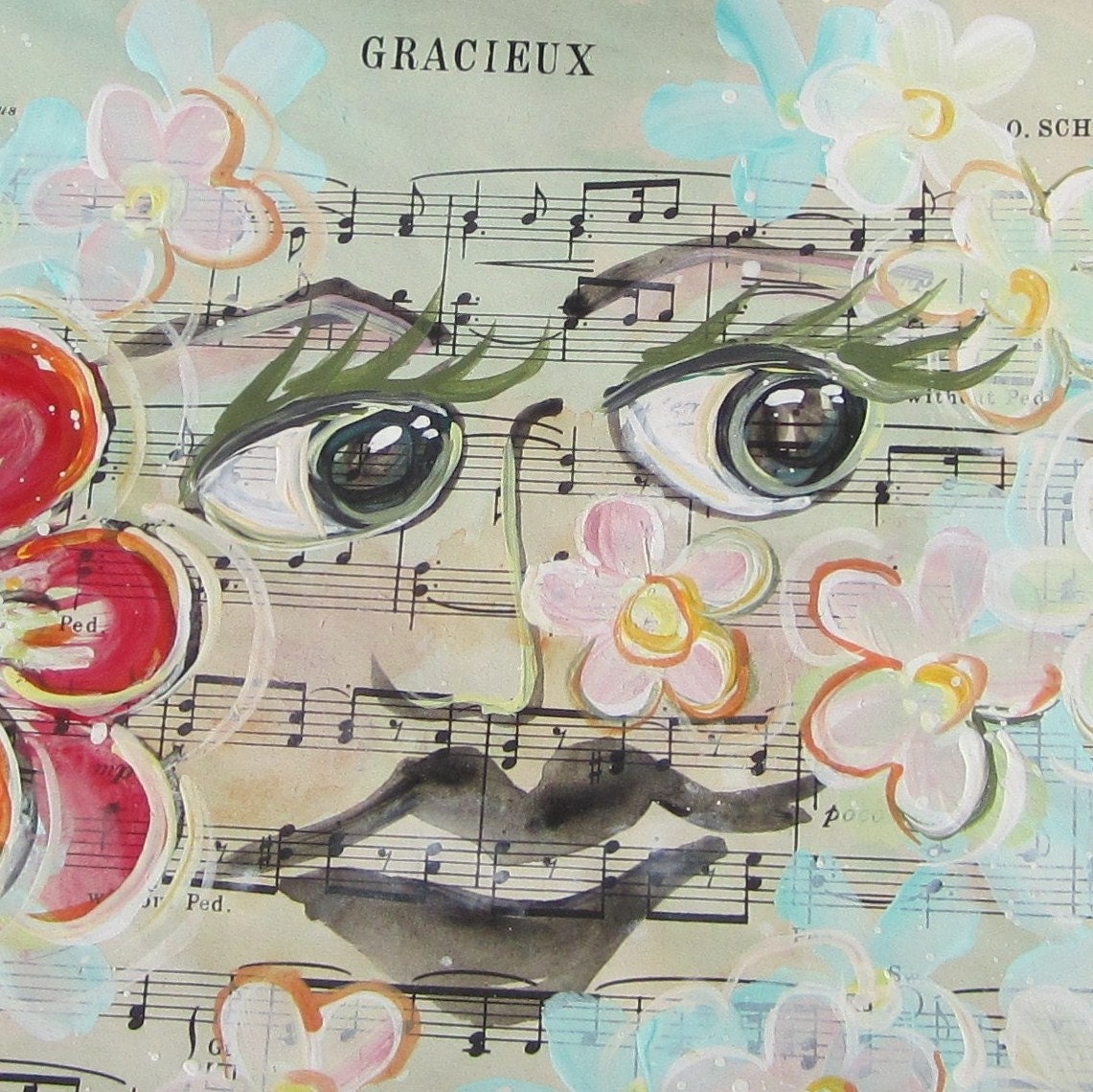 Gracieux... recycled book art original painting on Antique1950s sheet music book page,  by Cat Seyler designs