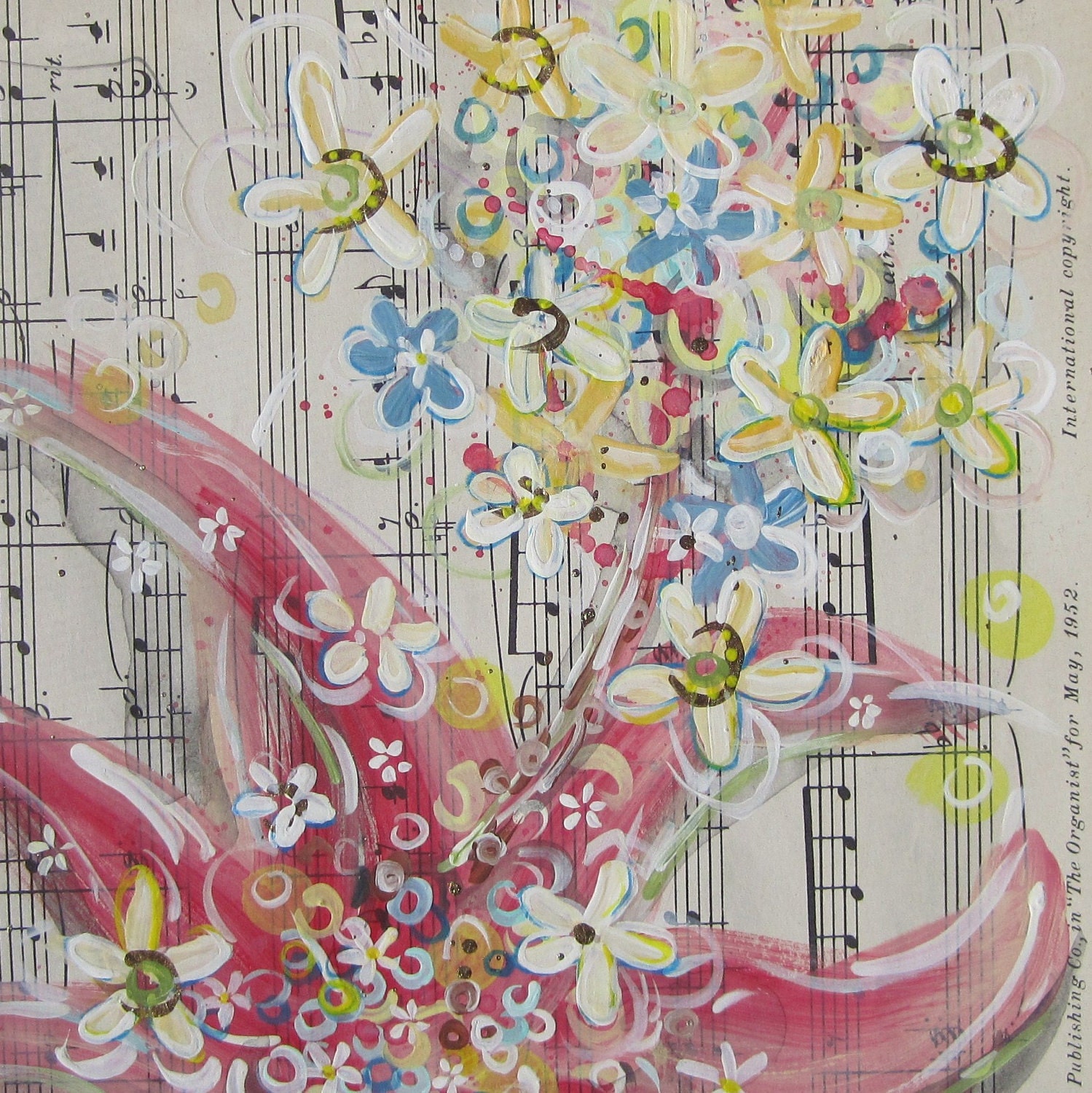 Close To My Savior... recycled book art original painting on Antique 1950s sheet music book page, by Cat Seyler designs