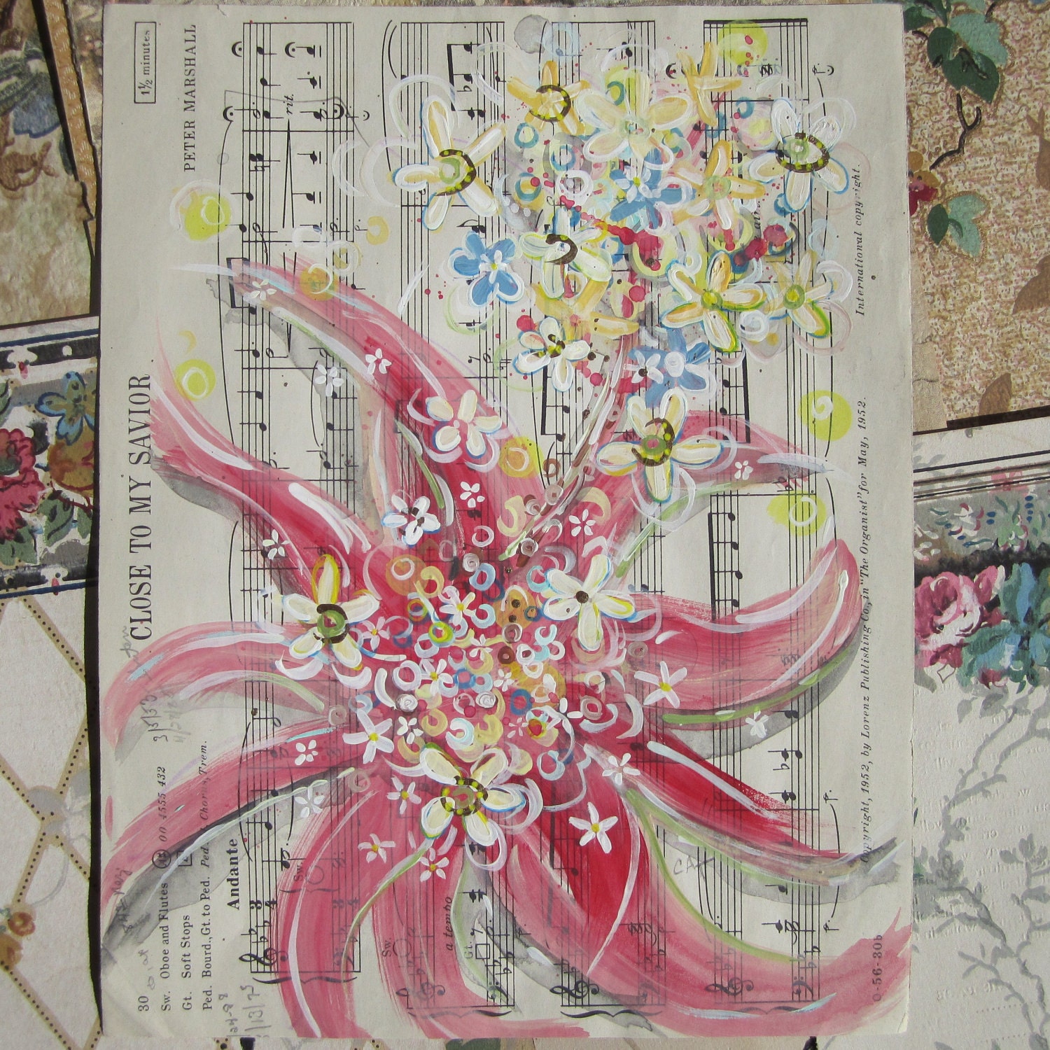 Close To My Savior... recycled book art original painting on Antique 1950s sheet music book page, by Cat Seyler designs