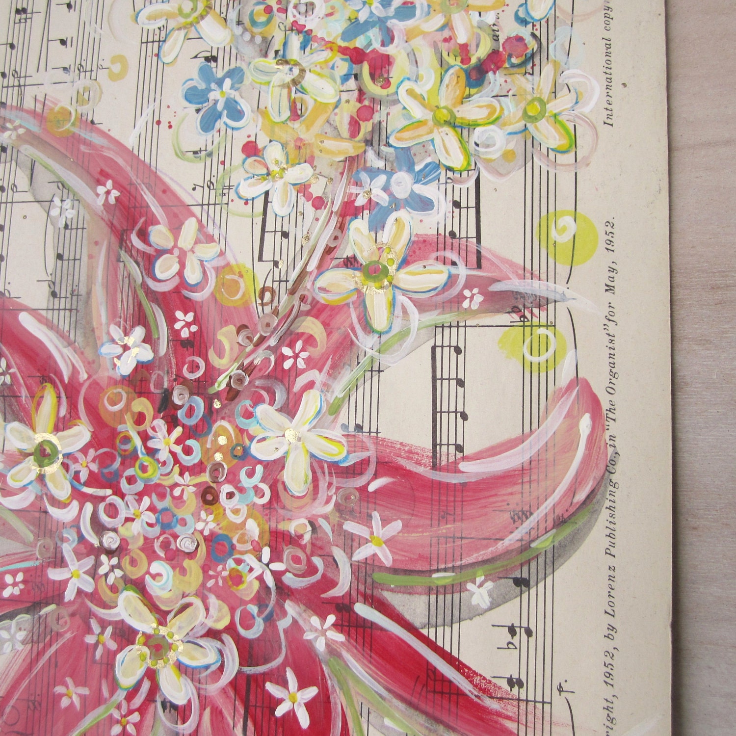 Close To My Savior... recycled book art original painting on Antique 1950s sheet music book page, by Cat Seyler designs