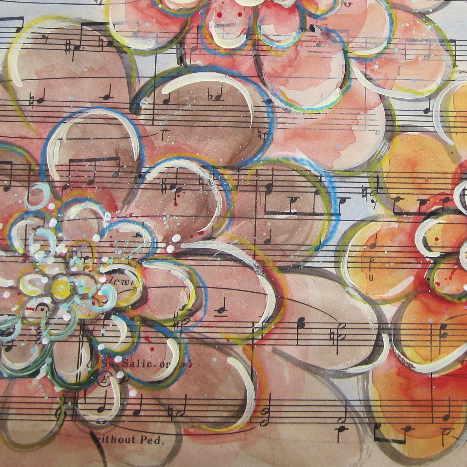 without Ped... recycled book art original painting on Antique1950s sheet music, zinnias and bird silhouette, by Cat Seyler designs