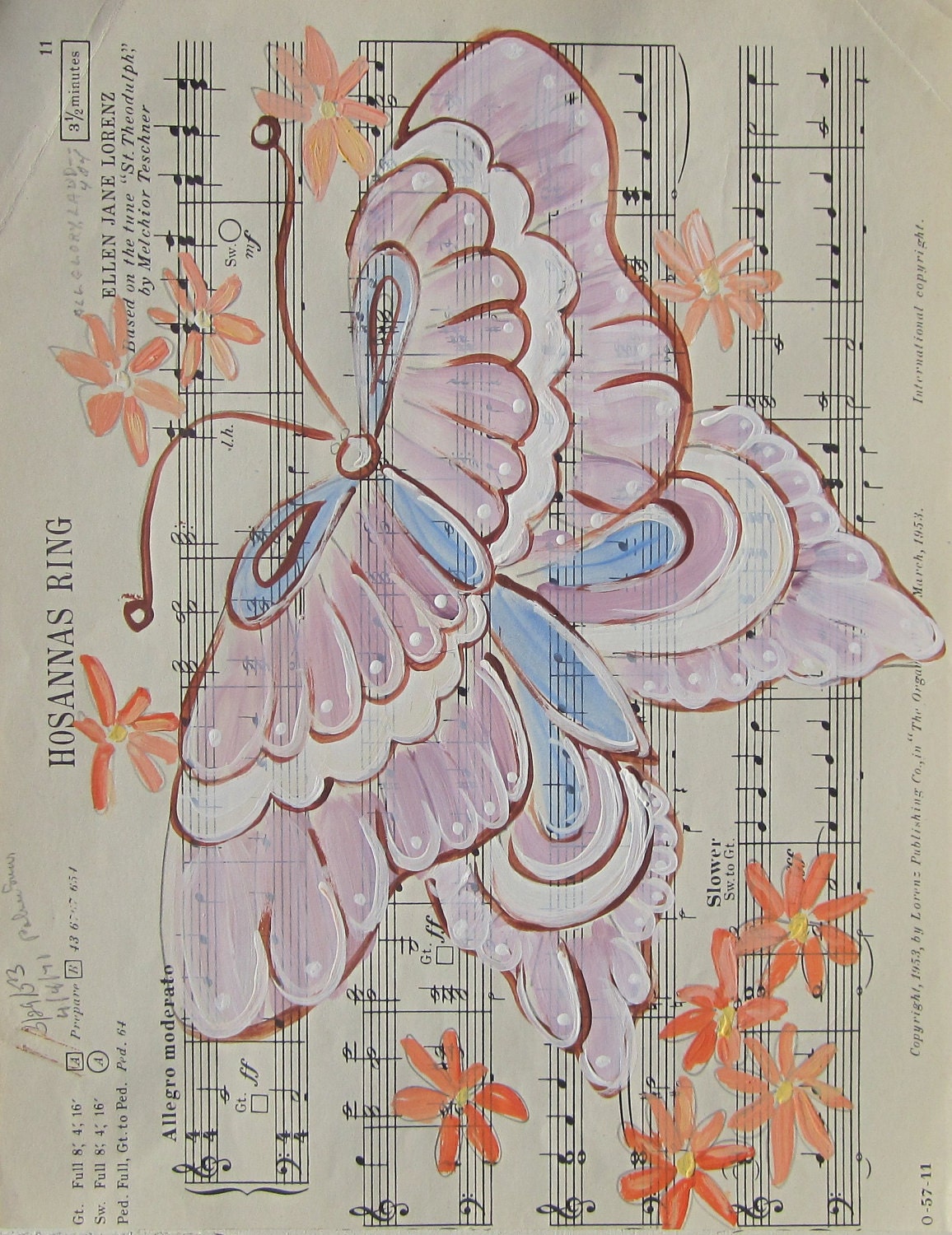 Hosannas Ring... recycled book art original painting on Antique 1950s sheet music, by Cat Seyler designs