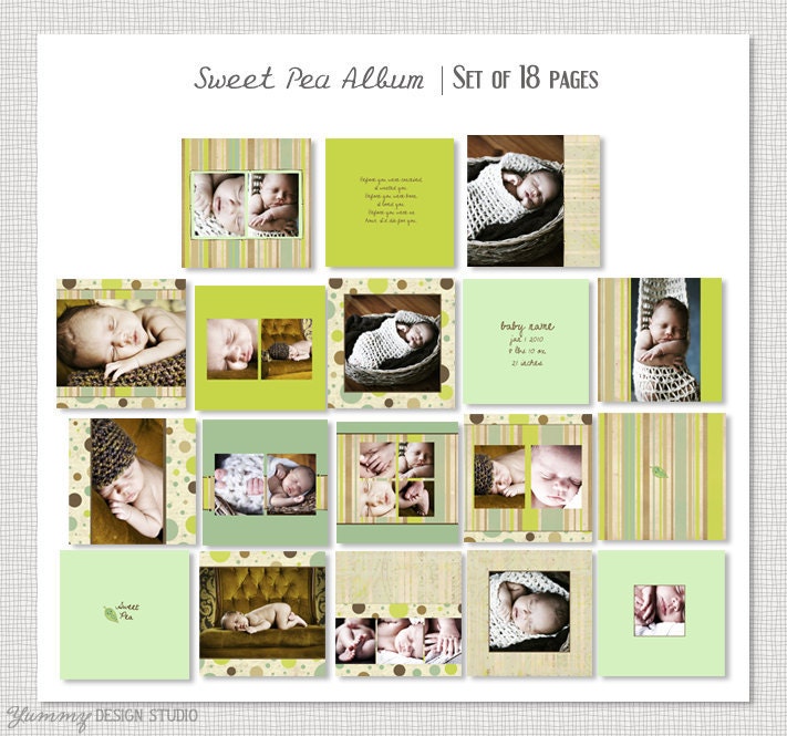 Sweet Pea Album - Set of 18 Square Pages PSD Template Designs