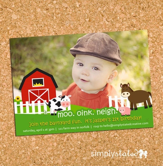 Barnyard Farm Fun - custom kids birthday party photo invitation invite - DIY printable design, print service available