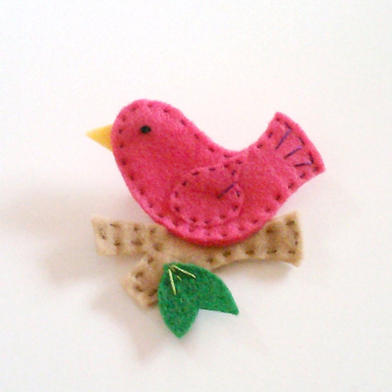 hot fuschia pink bird on a branch felt pin hand stitched accessory brooch