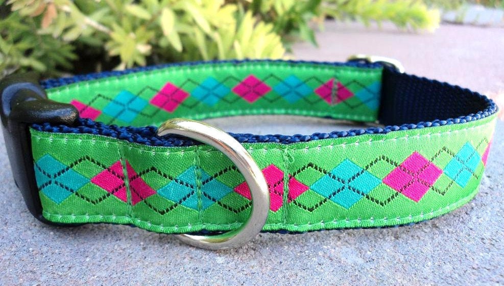 Dog Collar in Preppy Lime Argyle is a 1" Quick Release