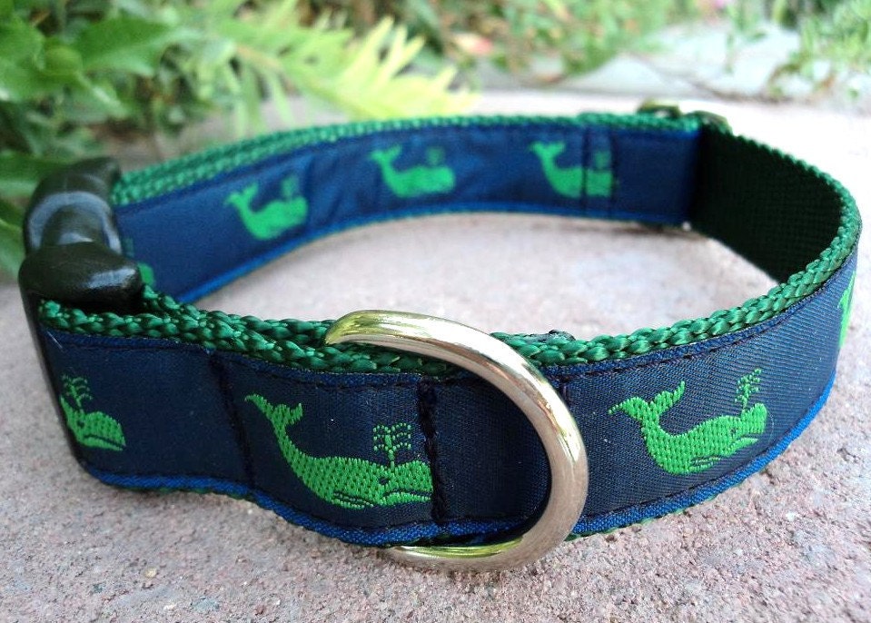1" Dog Collar Adj. Quick Release - Green Whales - Sm, Med or Lge /Or add Martingale upgrade