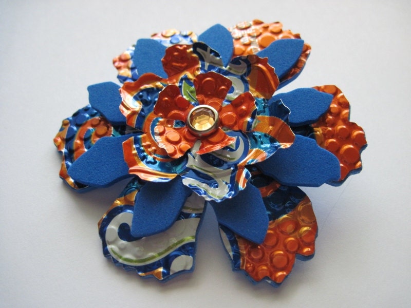 Upcycled Orange and Blue Aluminum Can Flower Pin Brooch Embossed Diecut