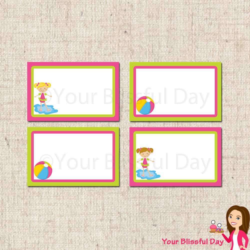 PRINTABLE Girl Pool Party Label Tents (Your choice of character)